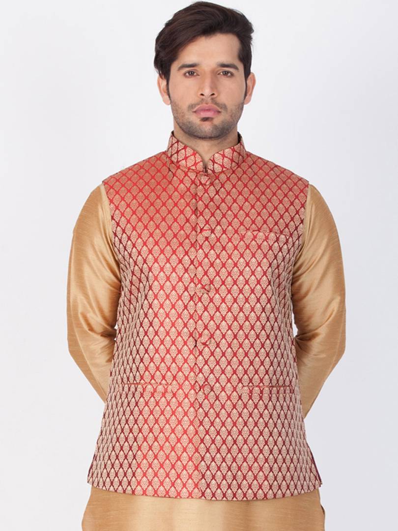 Men's Maroon 
Cotton Blend
 Woven Design Nehru Jackets